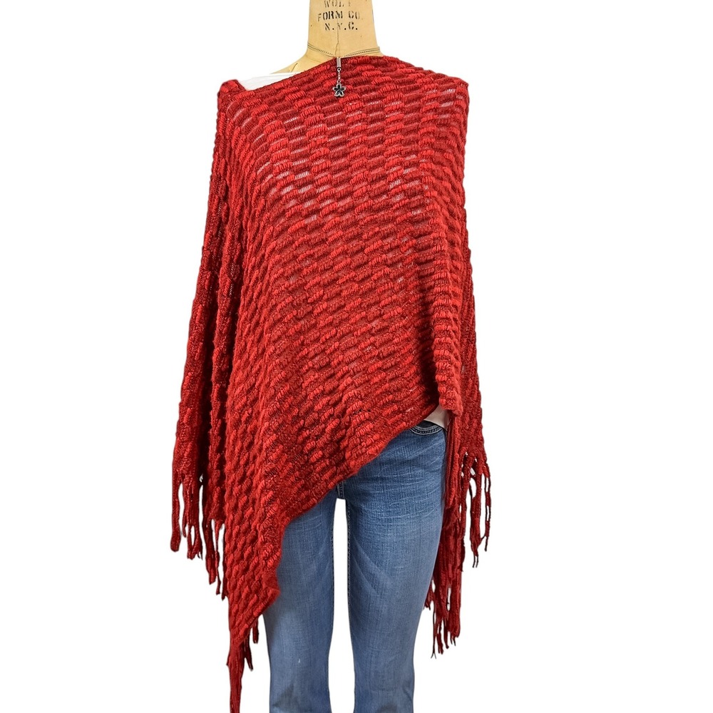 70s Cherry Red Fringe Knit Poncho Wrap Asymmetrical Two Tone Weave Boho Size OS